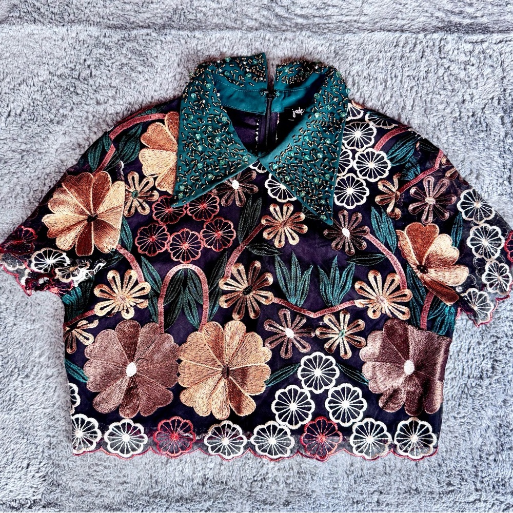 Jade Sky Embroidered Beaded Collar Blouse Floral Size M Cottagecore Whimsy Fairy - Picture 2 of 14